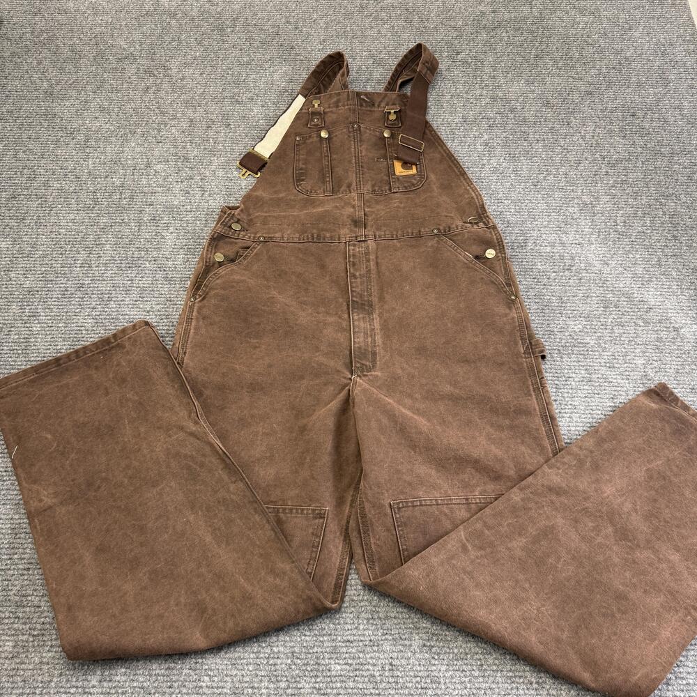 Carhartt Bib Overalls Mens 38x34 Brown Sandstone Duck Double Knee Work R06 CHT